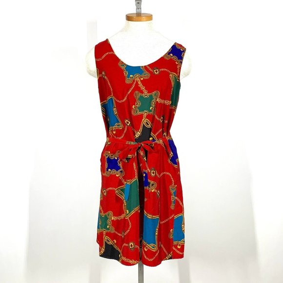 Vintage 90s Mic Mac Status Print Red Sleeveless A-Line Dress Sz M - Picture 1 of 7